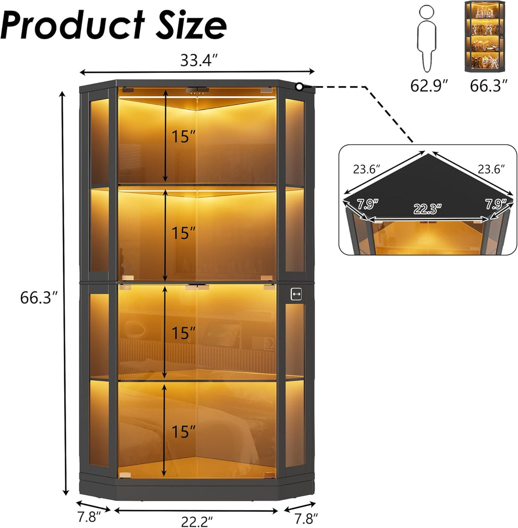 PAKASEPT Corner Display Cabinet with Glass Doors, 66.3'Corner Curio Cabinets with LED Lights, 4-Tier Display Shelf with Human Body Sensor for Toys, Books, Collectibles