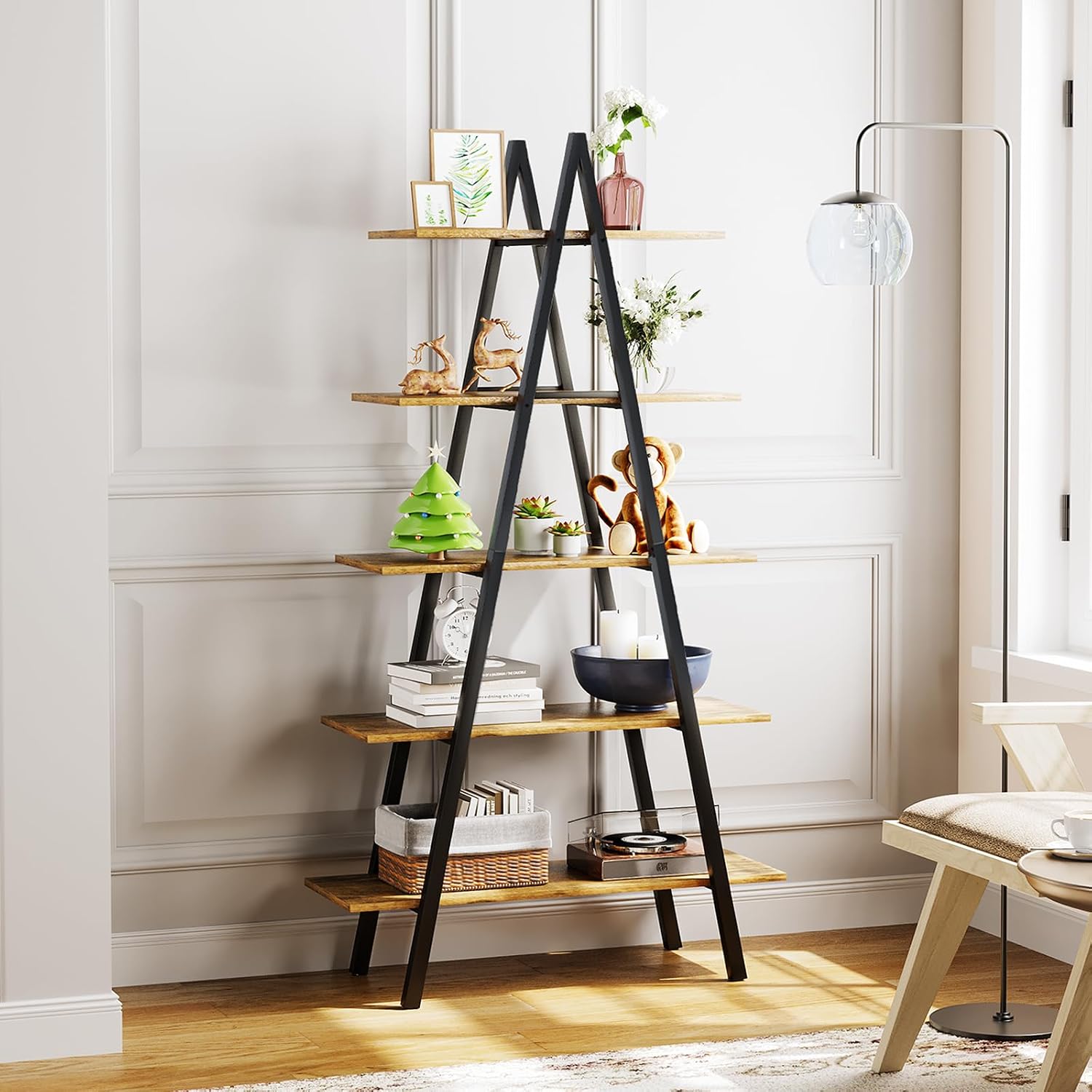 YOUDENOVA 5-Tier Ladder Bookshelf, Industrial A-Shaped Bookcase, Christmas Village Display Stand, Tall Ladder Shelf Storage Organizer for Living Room, Home Office, Dark Black