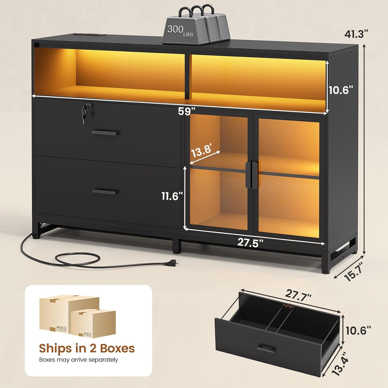 SEDETA 59' File Cabinet, 2 Drawers Filing Cabinets for Home Office fit Legal/Letter/A4 File, File Cabinet with Lock & Power Outlets, Printer Stand with Storage & LED Lights, Black