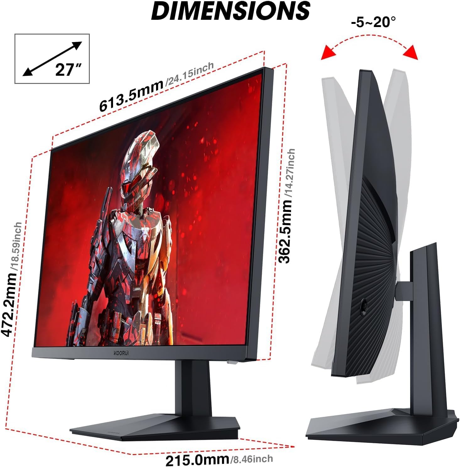 KOORUI 27'' 240Hz Gaming Monitor, Fast VA,1ms FHD 1080p, 95% DCI-P3 Adaptive Sync,DisplayPort 1.4 HDMI 2.0, Xbox PS5 Switch Ready, VESA, Tilt, Black, GN02