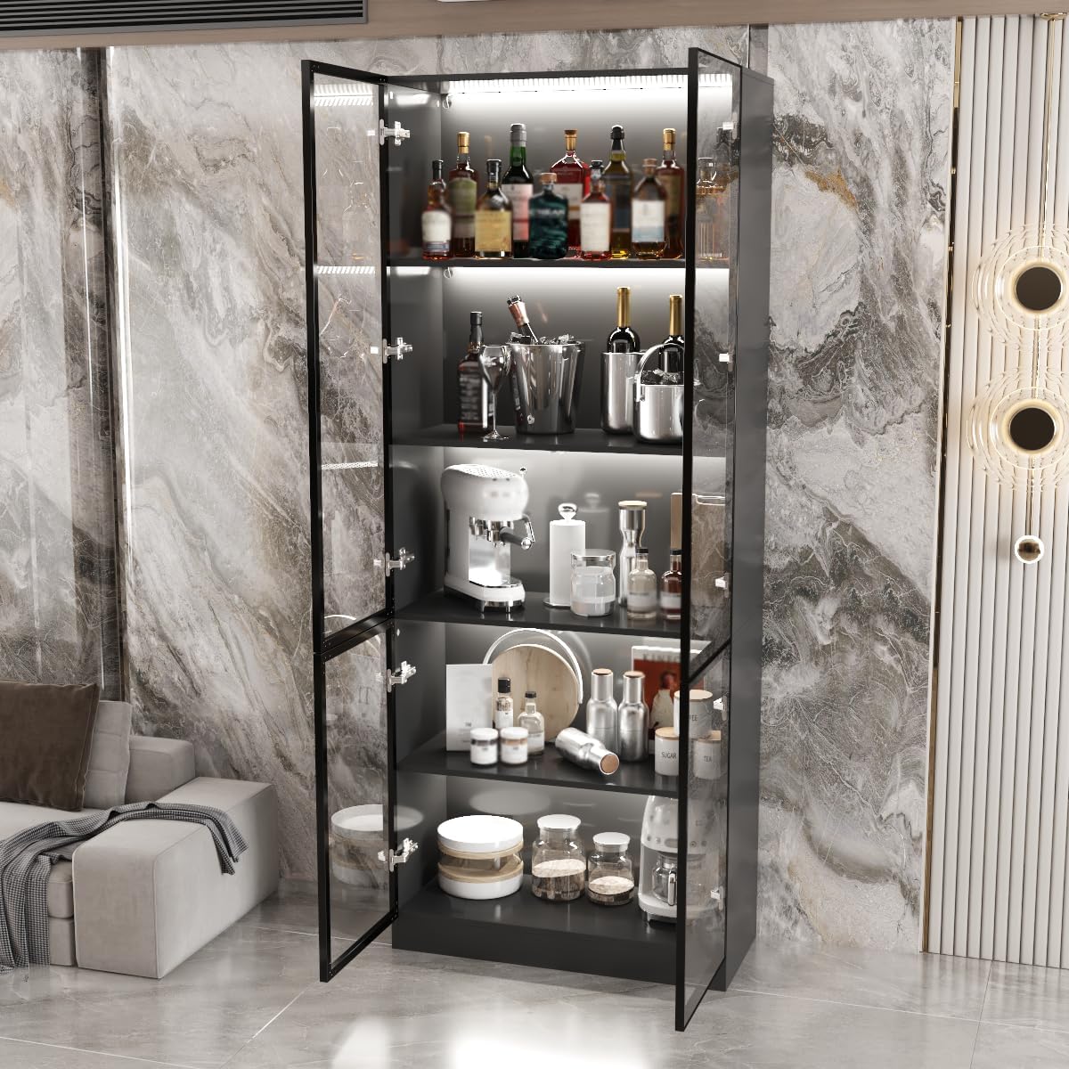 Curio Display Cabinet with Light, 5-Tier Storage Shelves with Pop-up Glass Doors & 3 Color LED Light, Collectibles Cabinet Display Shelf, Bookshelf Showcase for Living Room, Black Glass Door