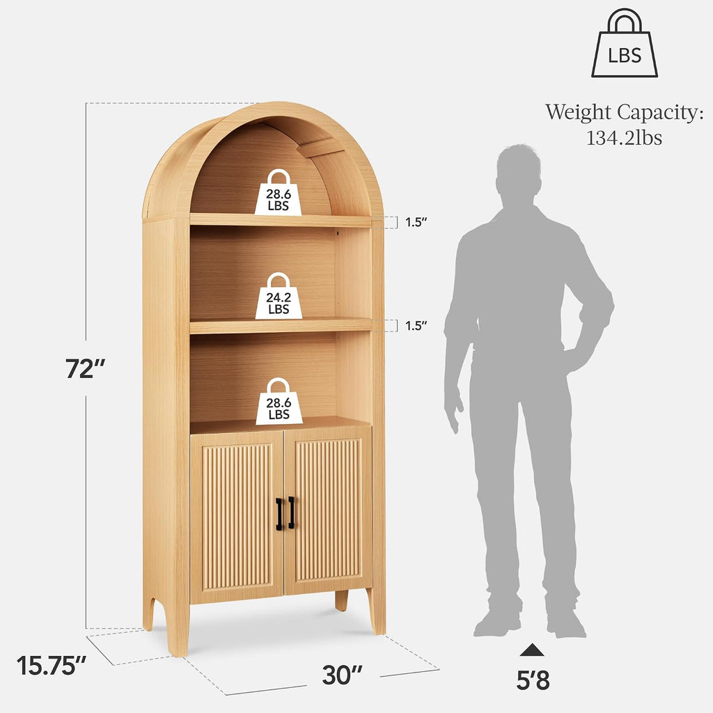 Best Choice Products 72' Tall Arched Pantry Cabinet w/Reeded Doors, 5-Tier Bookshelf, Armoire, Hutch, Bookcase, Storage Cabinet w/Adjustable Shelves, for Dining Room and Livingroom - Natural Oak