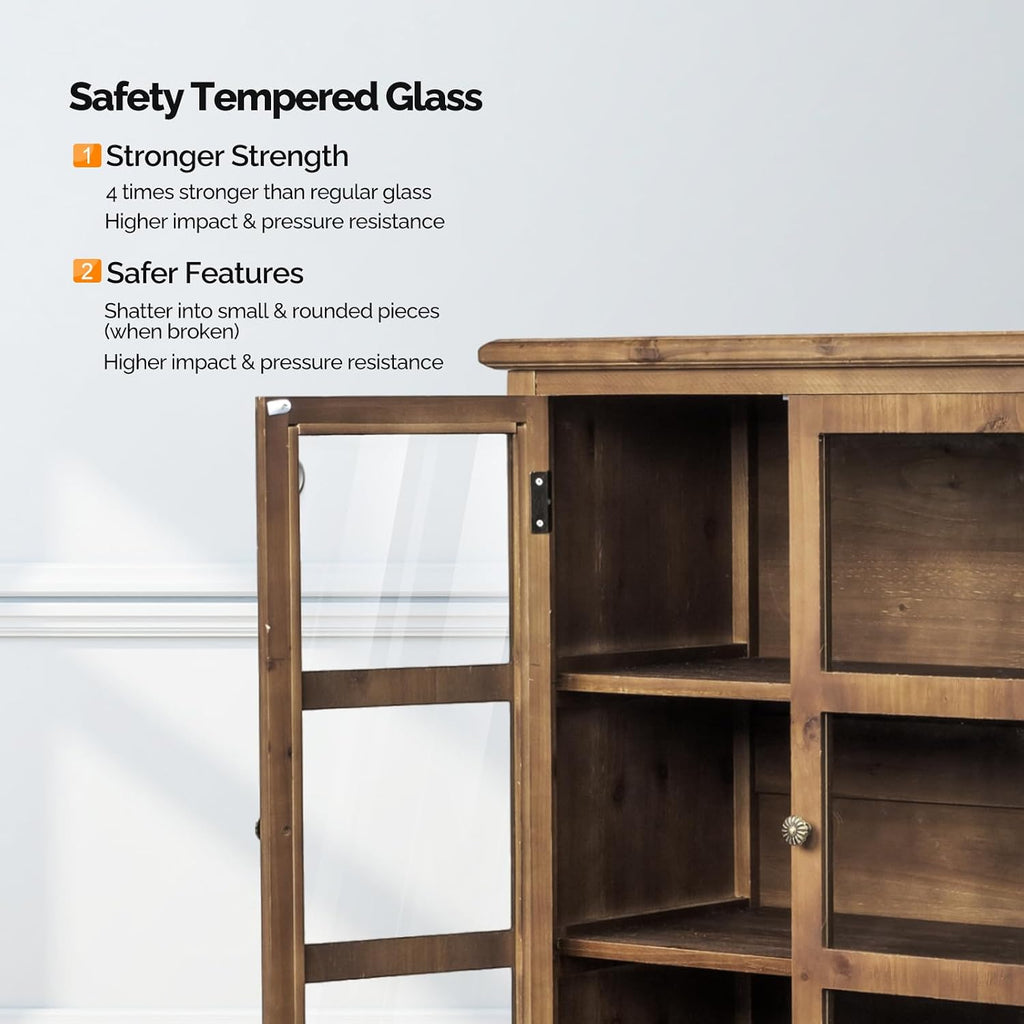 VINGLI Rustic Storage Cabinet with Glass Doors & Shelves, Showcase Display Cabinet with Cedar Wood Finish, Walnut