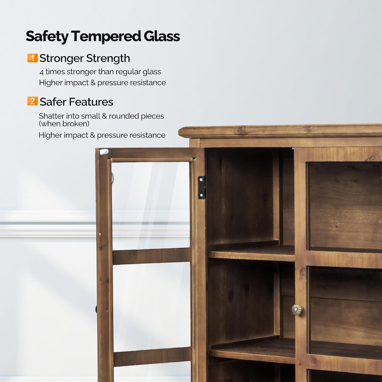 VINGLI Rustic Storage Cabinet with Glass Doors & Shelves, Showcase Display Cabinet with Cedar Wood Finish, Walnut