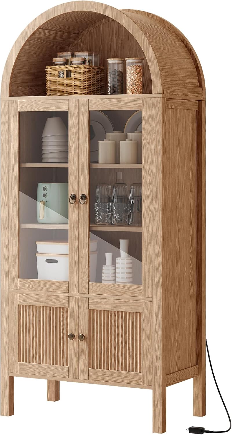 YITAHOME 71' Arched Cabinet Bookshelf Bookcase with LED Light/Wood Display Cabinet with Tempered Glass Doors and Adjustable Shelves/Kitchen Pantry with Storage for Living Room,Dining Room-Nature