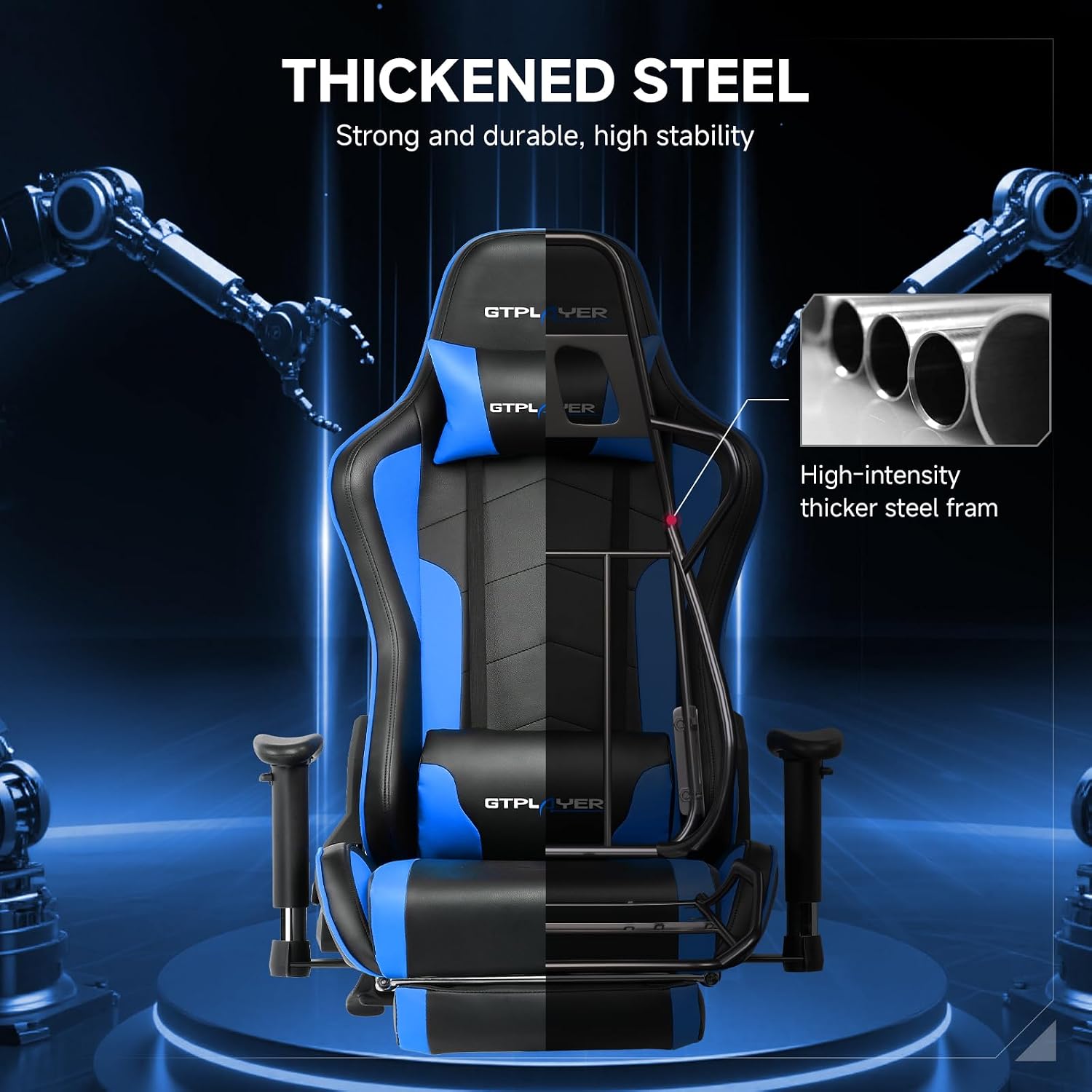 GTPLAYER Gaming Chair,Gamer Chair with Bluetooth and Adjustable Backrest,Seat Height Adjustable Computer Chairs with 3D Armrests,Video Game Chair with Footrest Speakers (Blue)