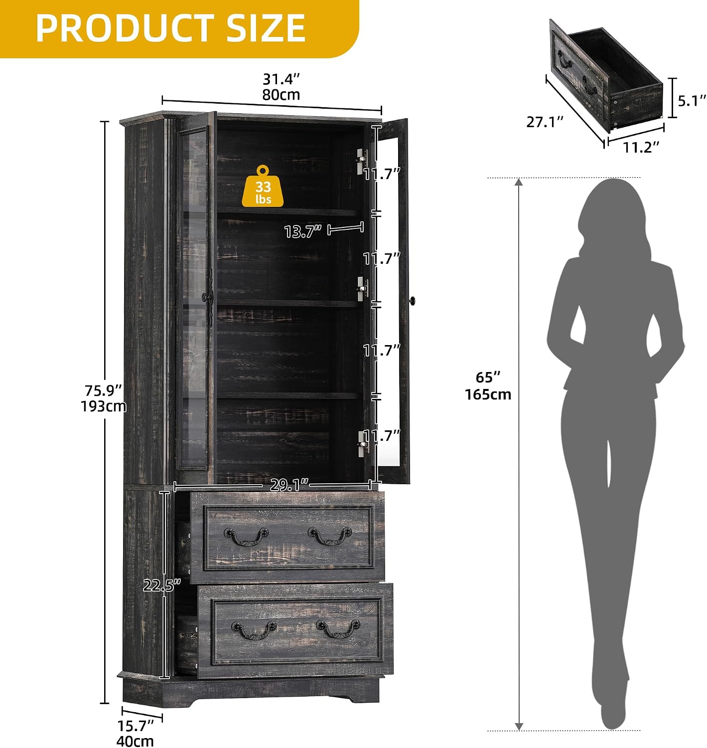 DWVO 76' Storage Cabinets, Freestanding Kitchen Pantry with Adjustable Shelves & Drawers, Farmhouse Glass Display Cabinets Tall Cupboard for Dining Room, Living Room, Dark Rustic