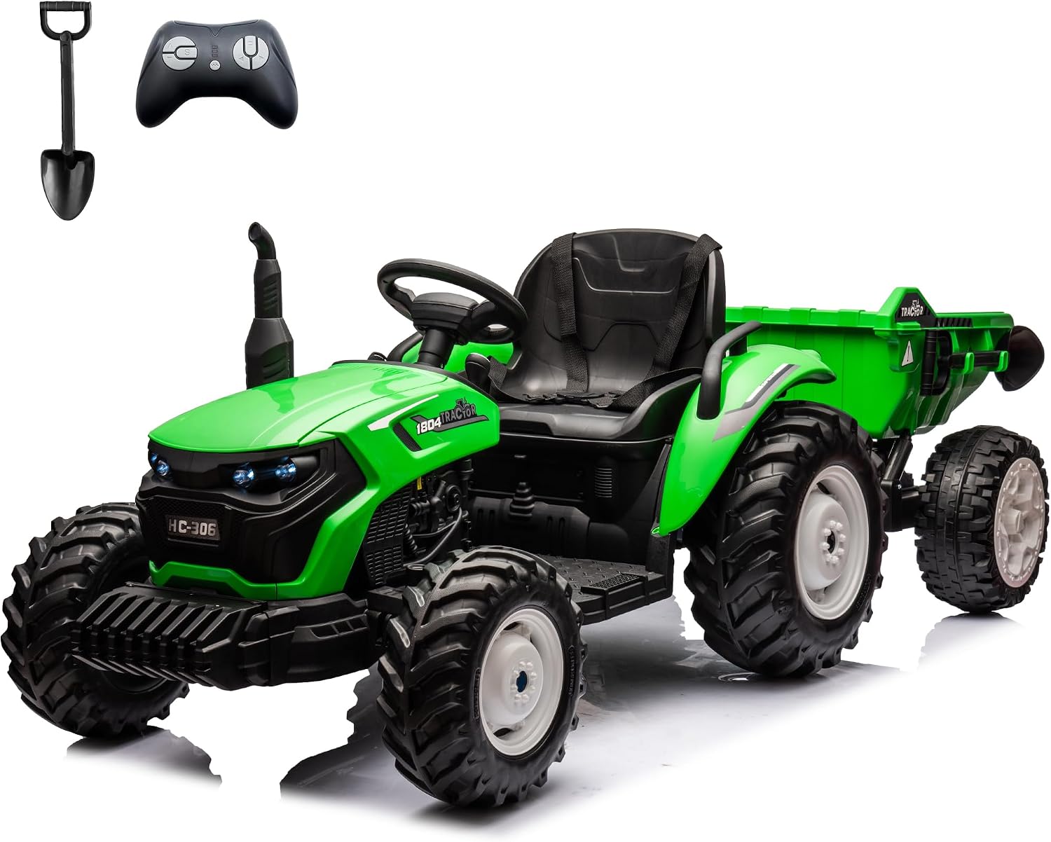 sopbost 24V 10Ah Ride On Toy for Big Kids 6+ 2WD Ride On Tractor with Electric Trailer, Remote Control, Extra Large EVA Wheels, 200 Lbs Load Capacity, Rear Suspension - Green