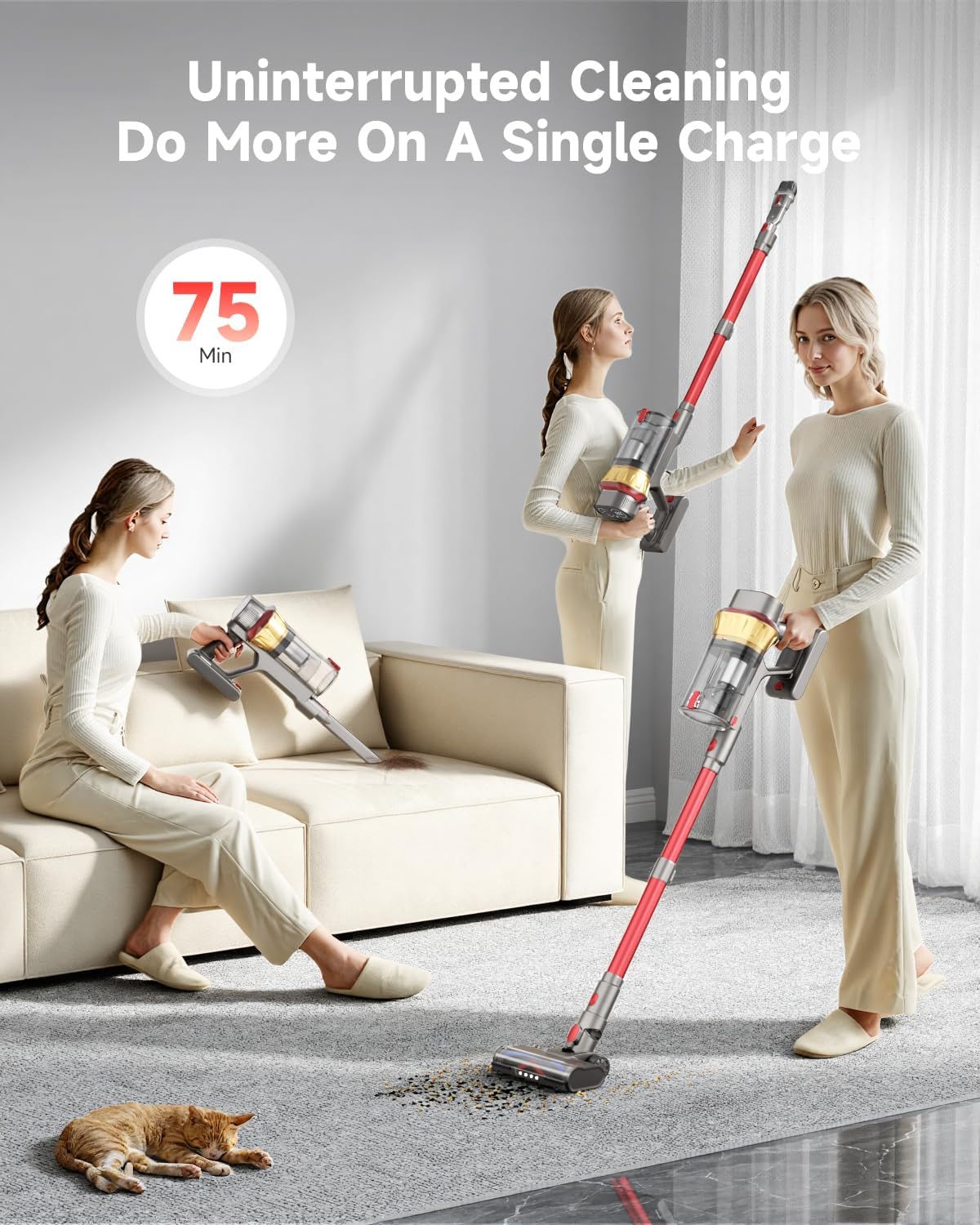 AIPOWAY 650W Cordless Vacuum Cleaner with 55KPa Flagship Suction, 75-Min Extended Runtime 2.5L Dual-Cup Capacity, Anti-Tangle Brush & Self-Standing Design HEPA Filtration for Furniture Carpet Pet Hair