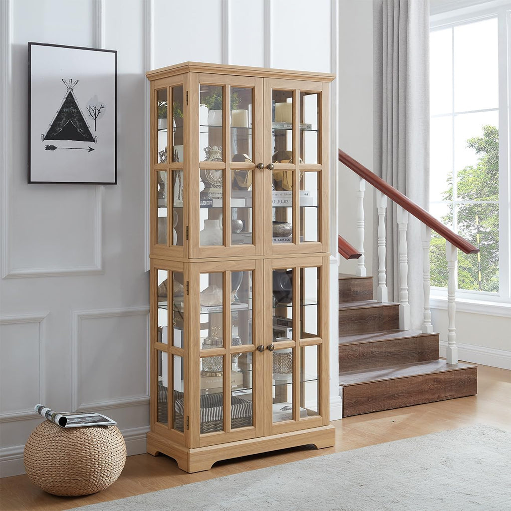 Lighted Glass Curio Cabinet with Lights & Adjustable Shelves,Curio Display Cabinet with Wood Frame & Glass Door,Corner Antique Display Case for Kitchen,Living Room,Office