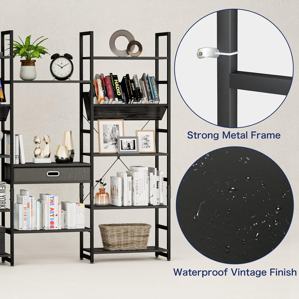 NUMENN Triple Wide 5 Tier Bookshelf, Adjustable Rustic Industrial Style Book Shelves, Modern Bookcases and Bookshelves Furniture for Bedroom, Living Room and Home Office, Elegant Black
