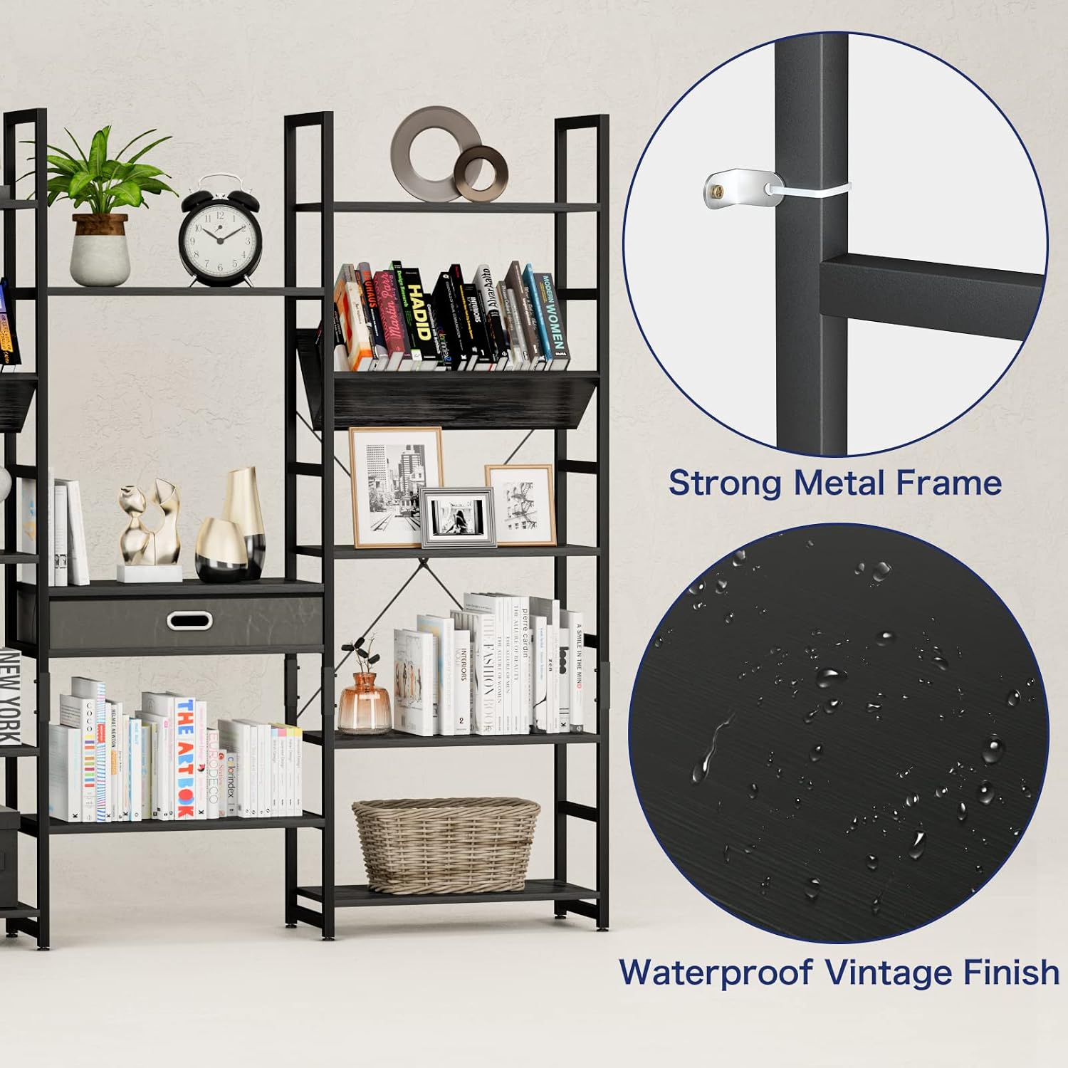 NUMENN Triple Wide 5 Tier Bookshelf, Adjustable Rustic Industrial Style Book Shelves, Modern Bookcases and Bookshelves Furniture for Bedroom, Living Room and Home Office, Elegant Black