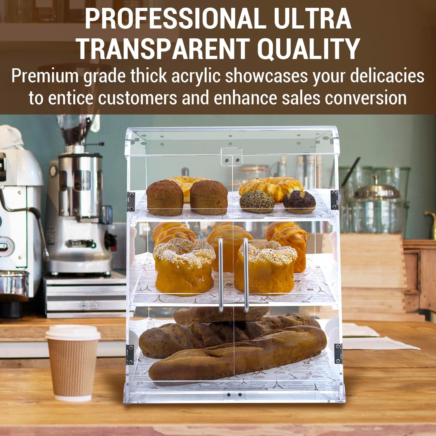 Pastry Display Case,Cookie Display, Professional-Grade Retail Bakery Display Case,3 Tier Premium Clear Acrylic Bread Box,with Removable Trays and Magnetic Rear Doors for Home or Commercial Use