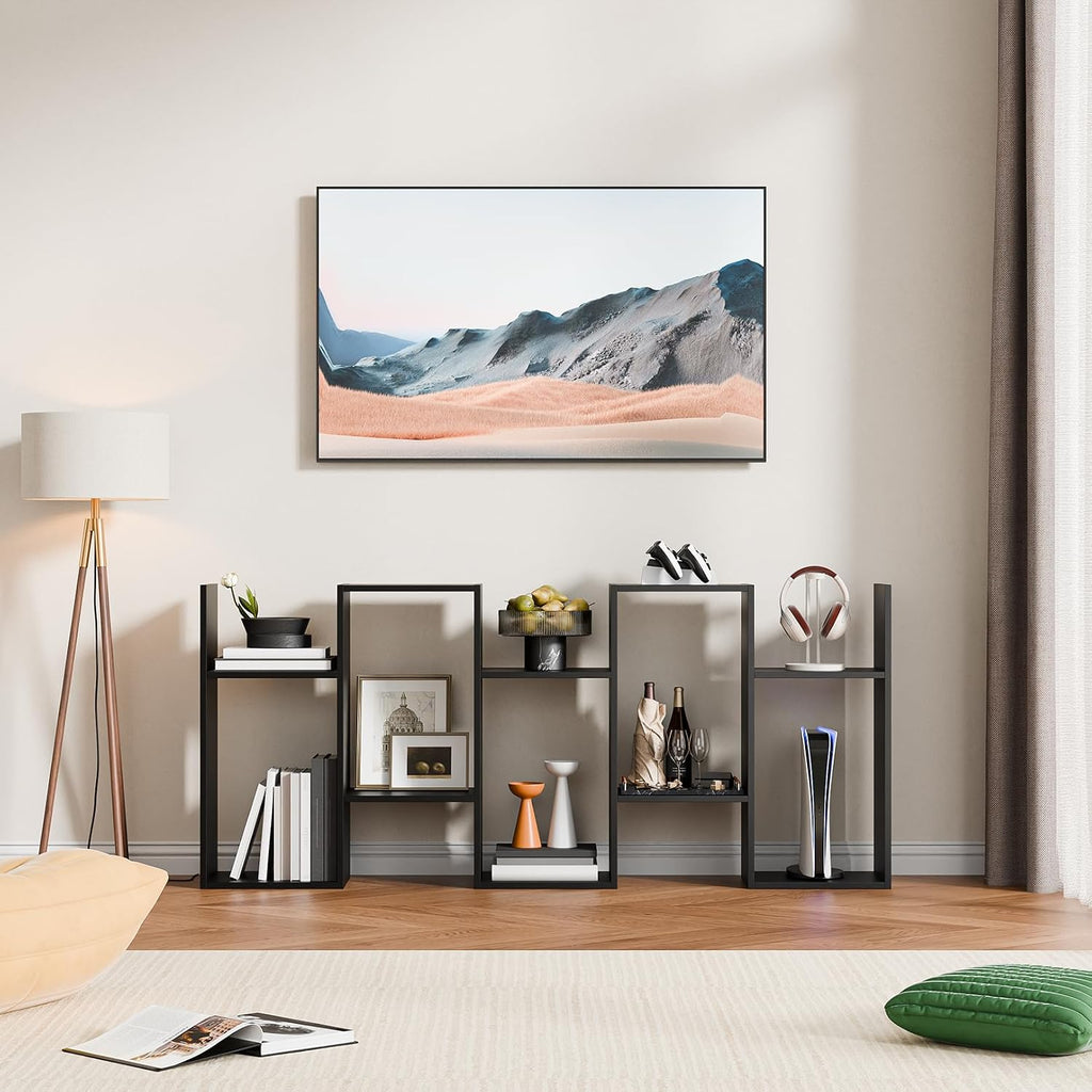 Cozy Castle Set of 2 Geometric Bookcase, S-Shaped Modern Bookshelf, Room Divider Bookshelf, 62' Tall Unique Abstract Bookcase with 5-Tier Display Shelf for Living Room Office, White & Black
