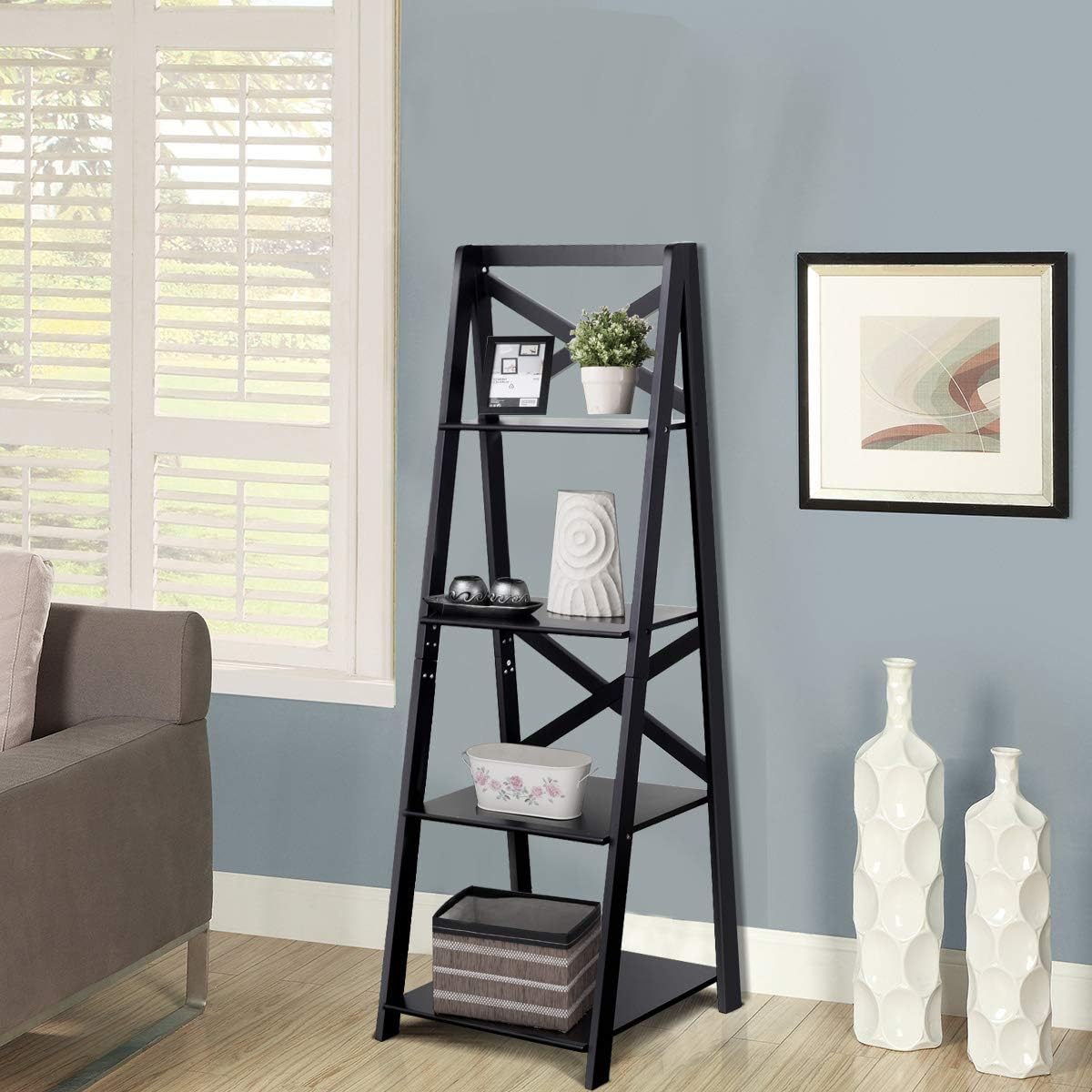 Tangkula 4-Tier Ladder Shelf Bookcase (Set of 2), Leaning Free Standing Wooden Frame Decor Bookshelf, Storage Flower Shelf, Plant Display Shelf for Home Office