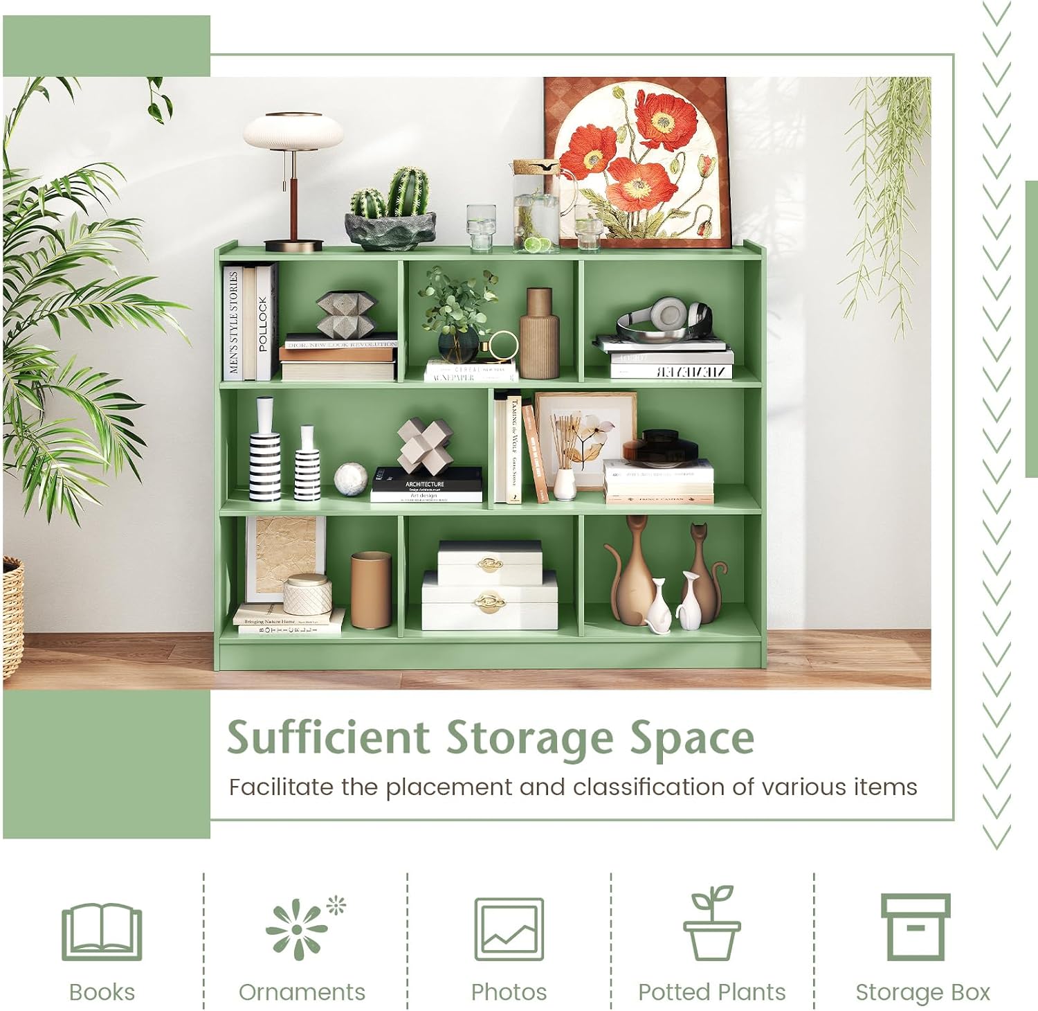 Giantex 8 Cube Bookcase, Freestanding 3-Tier Open Bookshelf, Modern Storage Display Cabinet, Wood Cube Storage Organizer for Living Room, Kid's Room, Mint Green
