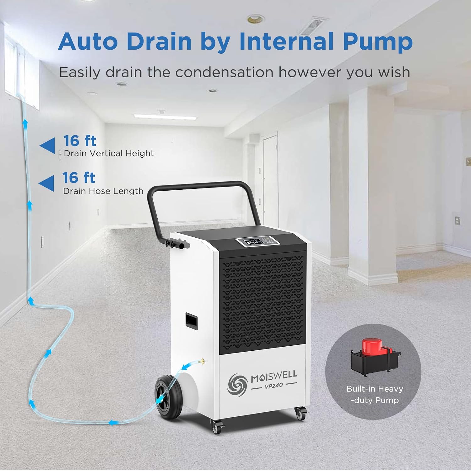 240 Pints Commercial Dehumidifier with Pump and Drain Hose for Basements and Large Spaces up to 8,500 Sq Ft, 5-Year Warranty