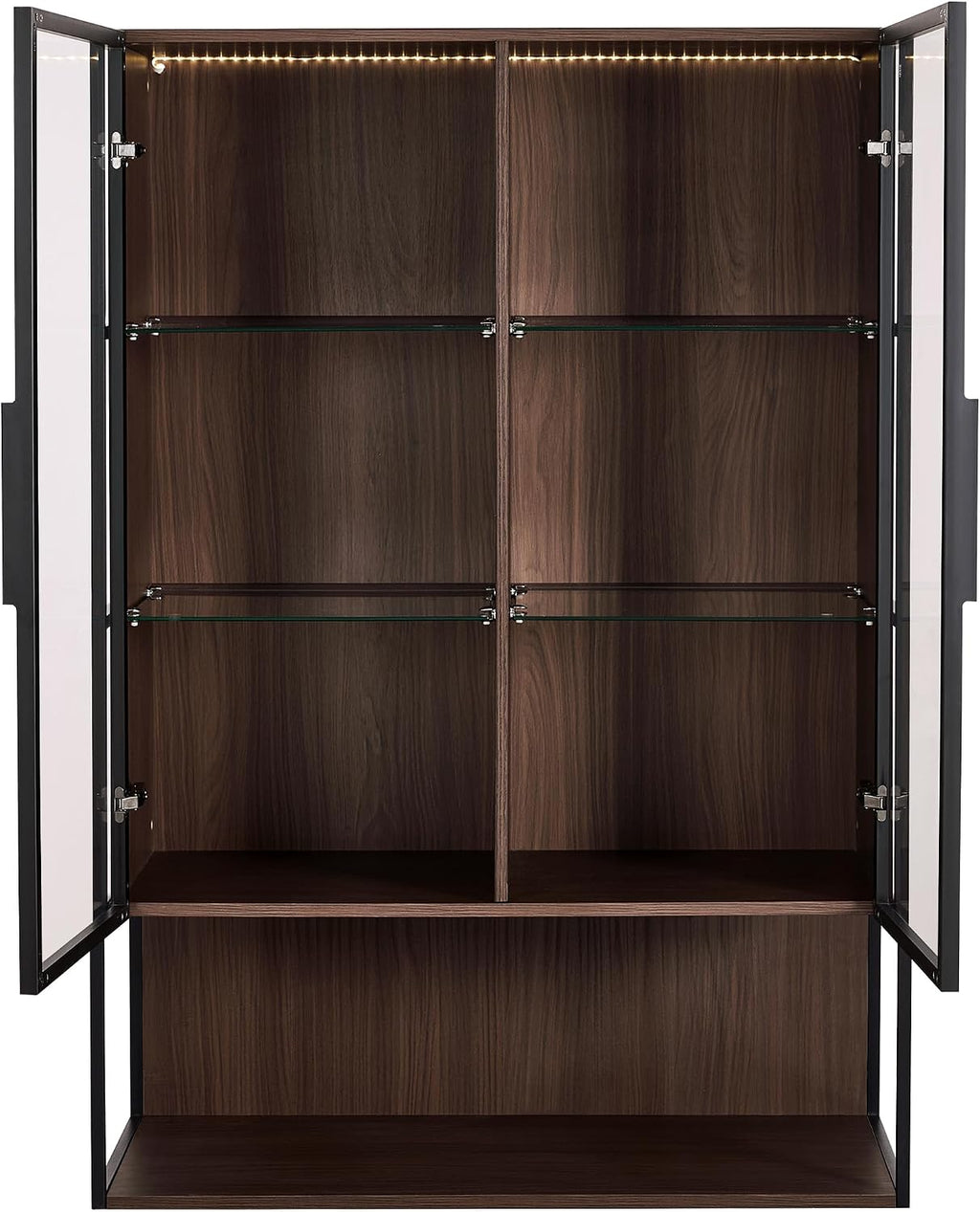 Merax Modern 4 Tier Bookshelf Black Bookcase with Glass Doors & 2 Drawers, 51.2' Tall Wood Display Cabinet with Adjustable Shelves for Living Room, Bedroom, Office Black+Walnut