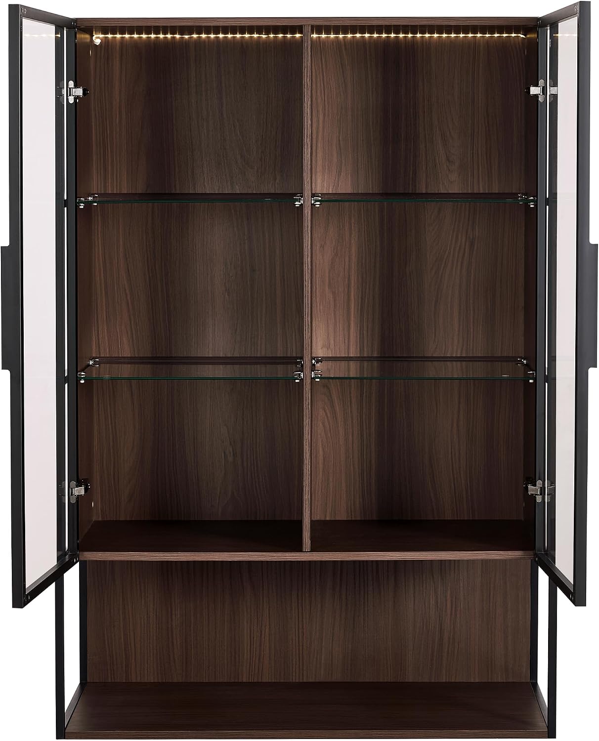Merax Modern 4 Tier Bookshelf Black Bookcase with Glass Doors & 2 Drawers, 51.2' Tall Wood Display Cabinet with Adjustable Shelves for Living Room, Bedroom, Office Black+Walnut