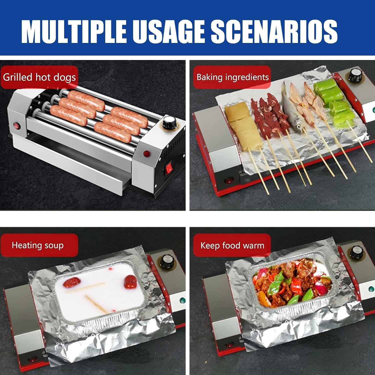 Hot Dog Roller, 4 Rollers 8 Hot Dogs Capacity 600W Stainless Sausage Grill Cooker Machine with 0-250℃ Control Knob Automatic Electric Contact Grills Separate Oil Pan