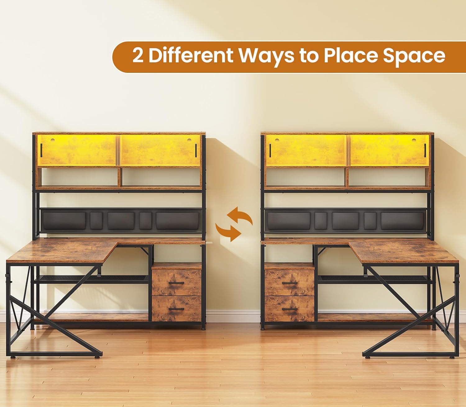SEDETA L Shaped Computer Desk, Home Office Desk with 2 Drawer and Bookshelf, L Shaped Gaming Desk with LED Light, Glass Cabinet and Storage Bag, Corner Desk with Storage Shelves, Rustic Brown