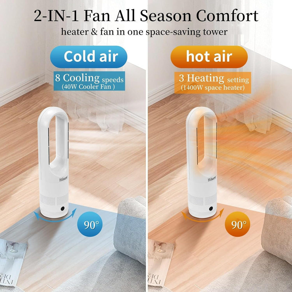 Hiluce All Season Bladeless Fan, 1400W Space Heater & 40W Tower Fan Combo with Remote,25dB Quiet Heater Fan Combo,90° Oscillation,8 Speeds, 9H Timer,Fast Safety Heat for Bedroom, Kitchen, Office 22'