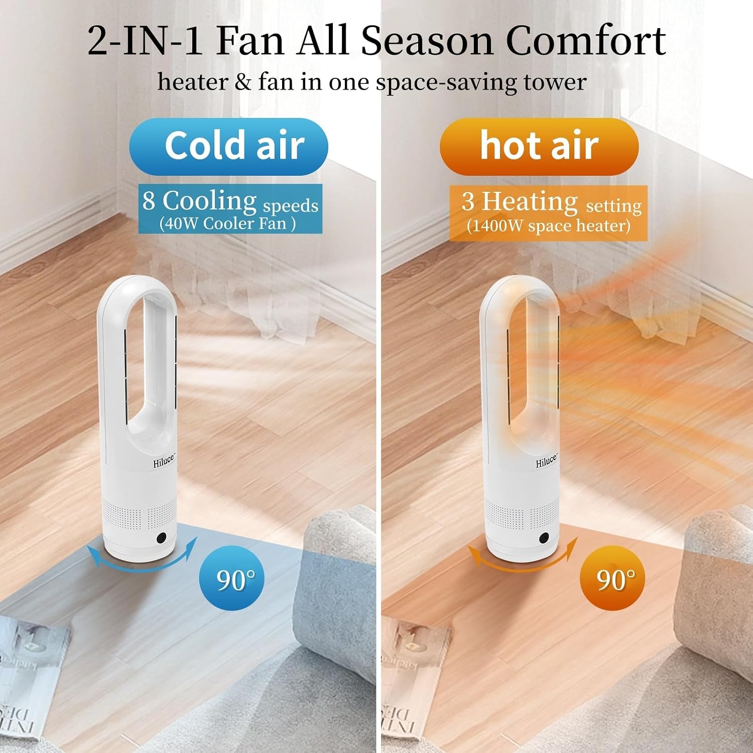 Hiluce All Season Bladeless Fan, 1400W Space Heater & 40W Tower Fan Combo with Remote,25dB Quiet Heater Fan Combo,90° Oscillation,8 Speeds, 9H Timer,Fast Safety Heat for Bedroom, Kitchen, Office 22'