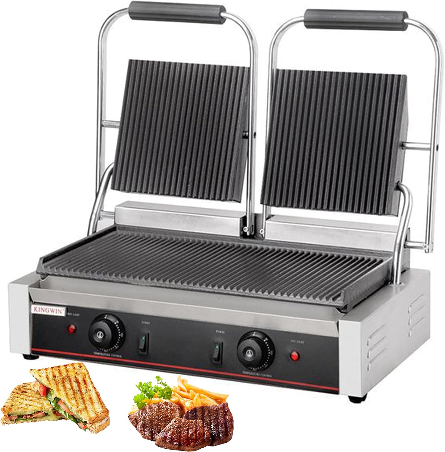 Commercial Panini Press with Grooved Grill Sandwich Maker Machine Electric Contact Grilled Cheese Machine Tuna Melt Omelets Non-Stick Cooking Surface Temperature Control,3600W
