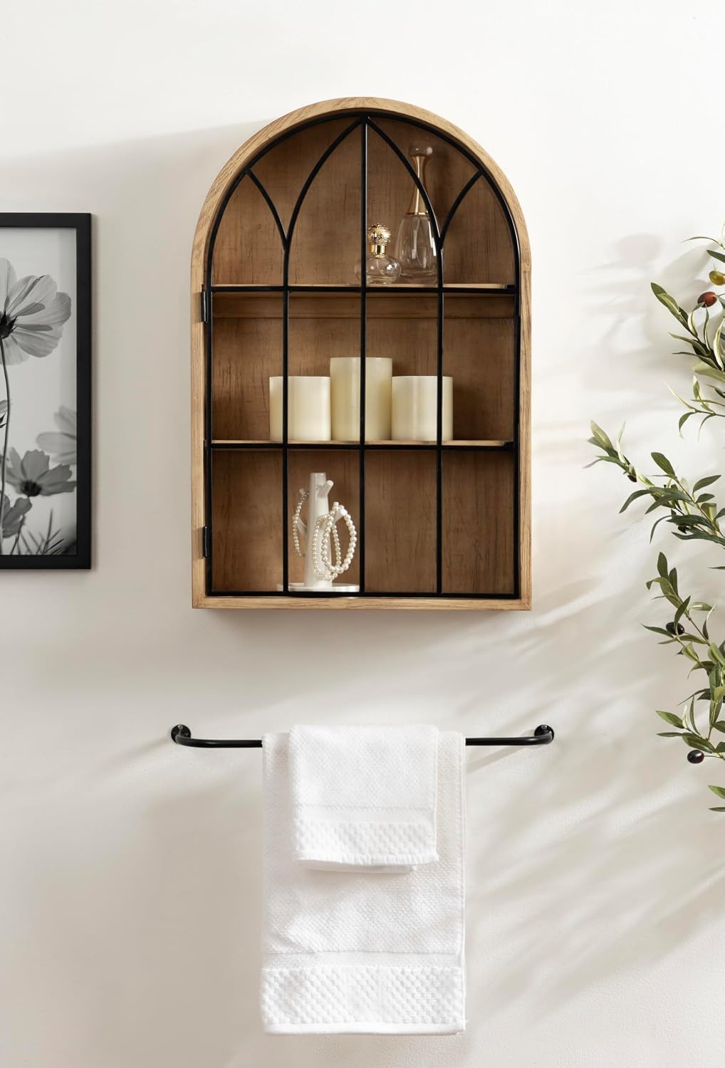 Kate and Laurel Megara Decorative Wooden Hanging Arched Wall Cabinet with Door for Open Storage; 16 x 5 x 24; Natural Wood and Black; Wooden Floating Wall Bathroom Cabinet for Above Toilet Storage