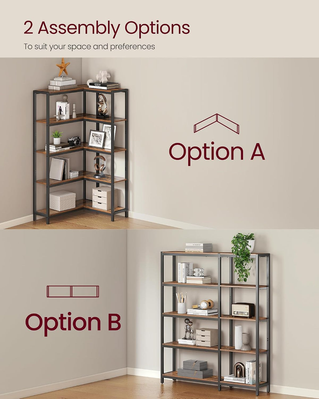 VASAGLE 5 Tier Bookshelf with Metal Frame, Convertible Industrial Corner Shelf, 9.4 x 40.2 x 55.9 Inches, for Living Room, Bedroom, Home Office, Rustic Brown and Ink Black ULLS605KD01