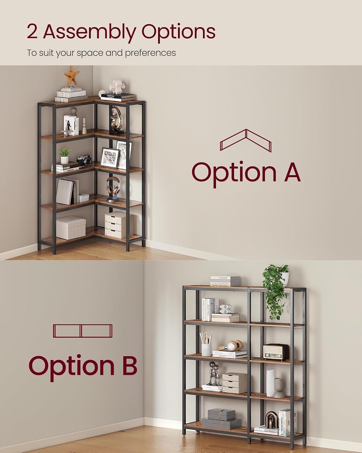 VASAGLE 5 Tier Bookshelf with Metal Frame, Convertible Industrial Corner Shelf, 9.4 x 40.2 x 55.9 Inches, for Living Room, Bedroom, Home Office, Rustic Brown and Ink Black ULLS605KD01