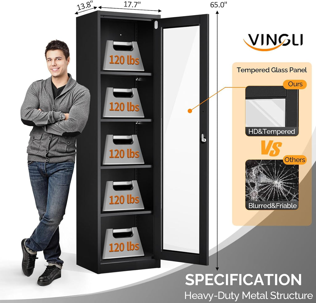 VINGLI Lockable Display Cabinet with Glass Door & 4 Adjustable Shelves, 65' Tall Metal Storage Cabinet Curio Liquor, Bookshelf Bookcase for Home Office Living Room Pantry Garage (Black)