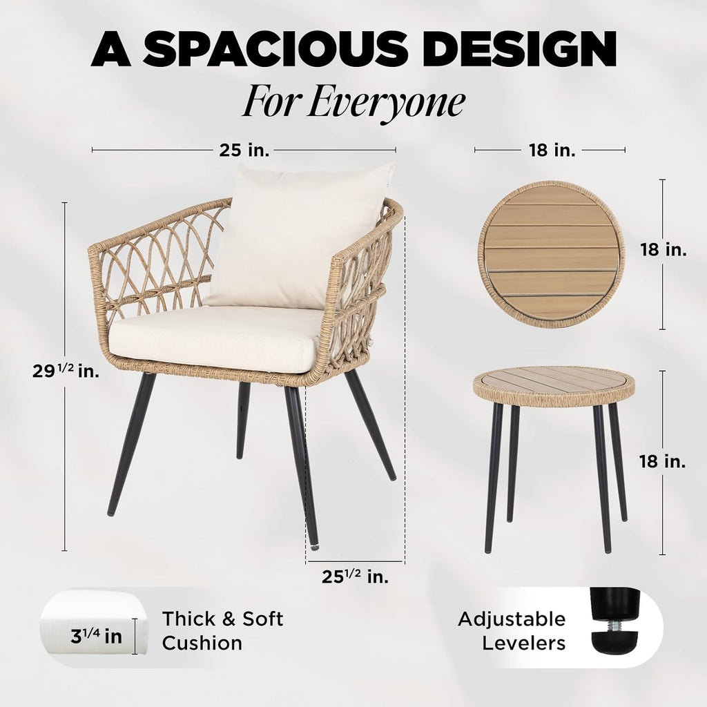 Idzo Heavy Duty 500lbs Weight Capacity Wicker Bistro Table and Chairs Set of 2 with Premium Olefin Fabric Soft Cushions