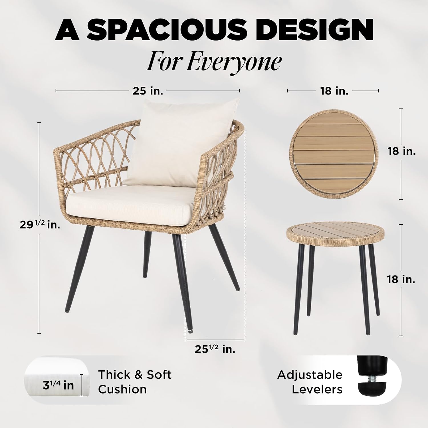Idzo Heavy Duty 500lbs Weight Capacity Wicker Bistro Table and Chairs Set of 2 with Premium Olefin Fabric Soft Cushions