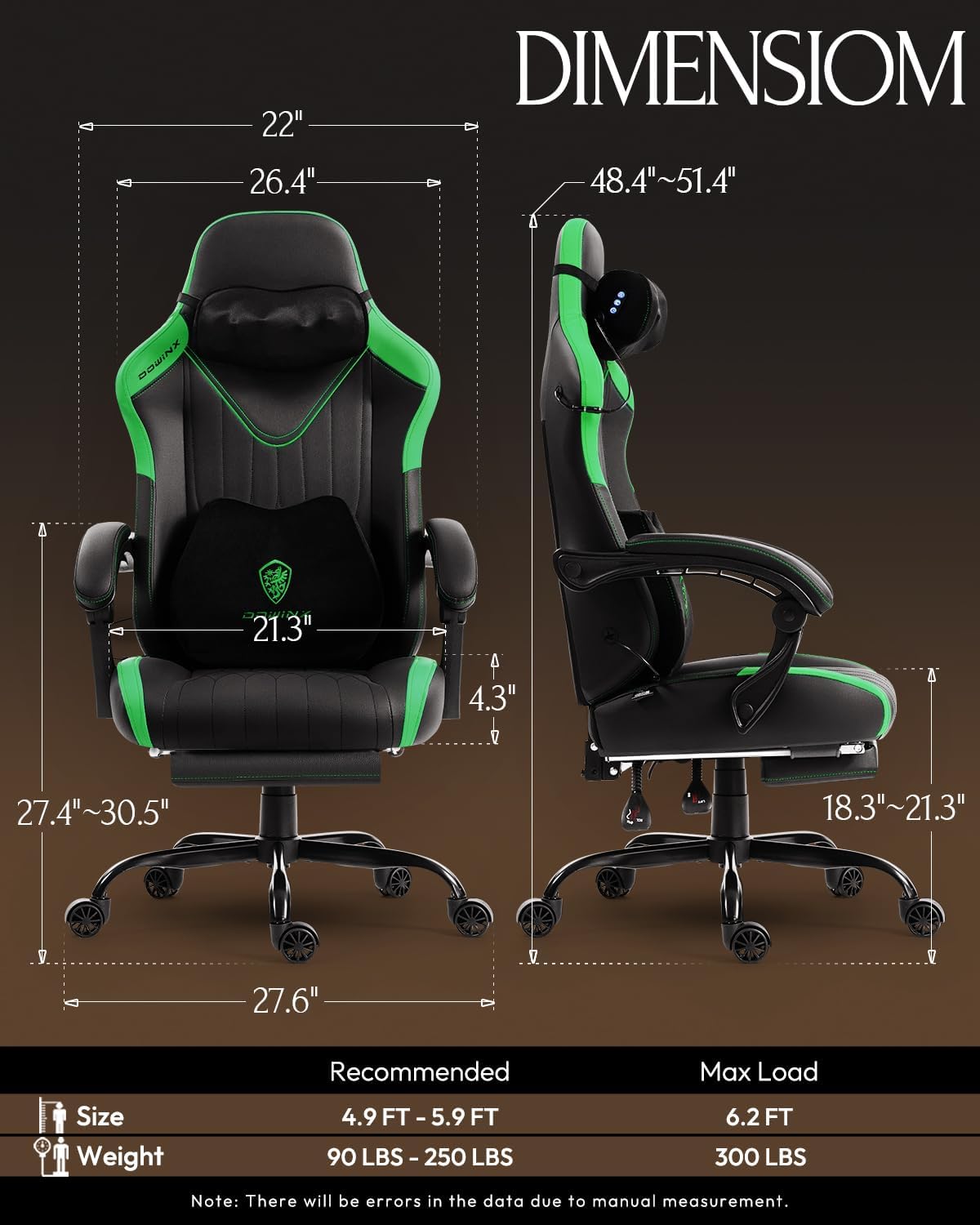 Dowinx Gaming Video Gaming Chair with Shiatsu Neck Massage and Lumbar Support for Home Office High Back Recliner Height Adjustable Ergonomic Comfy Leather Computer Desk Chair (Green)