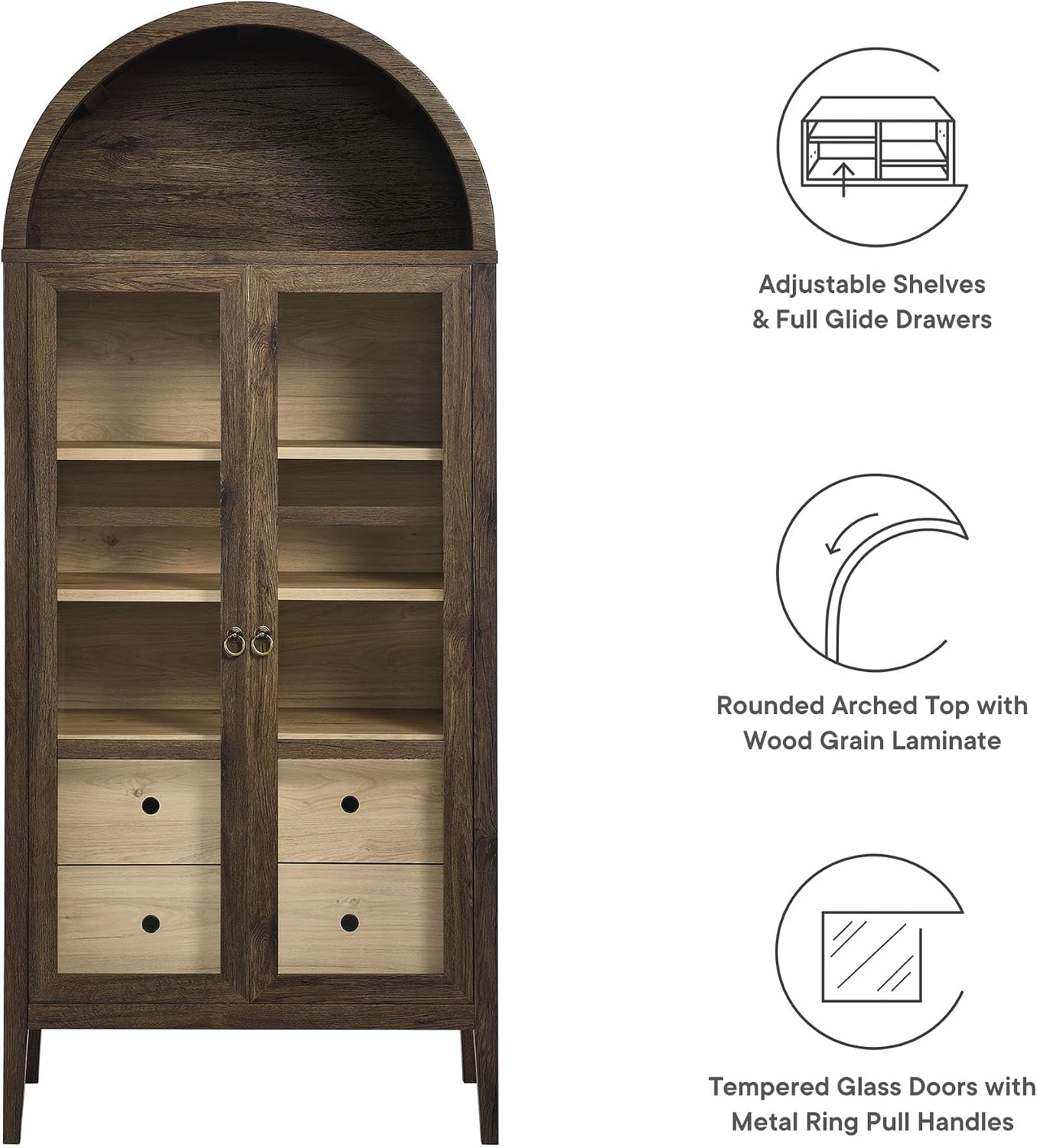 Modway Nolan Modern Farmhouse 71 Inch Tall Arched Storage Display Cabinet in Walnut Hickory Wood Grain - 4-Tier Bookcase with Glass Doors and Shelves - Arch Accent Cabinet for Living Room
