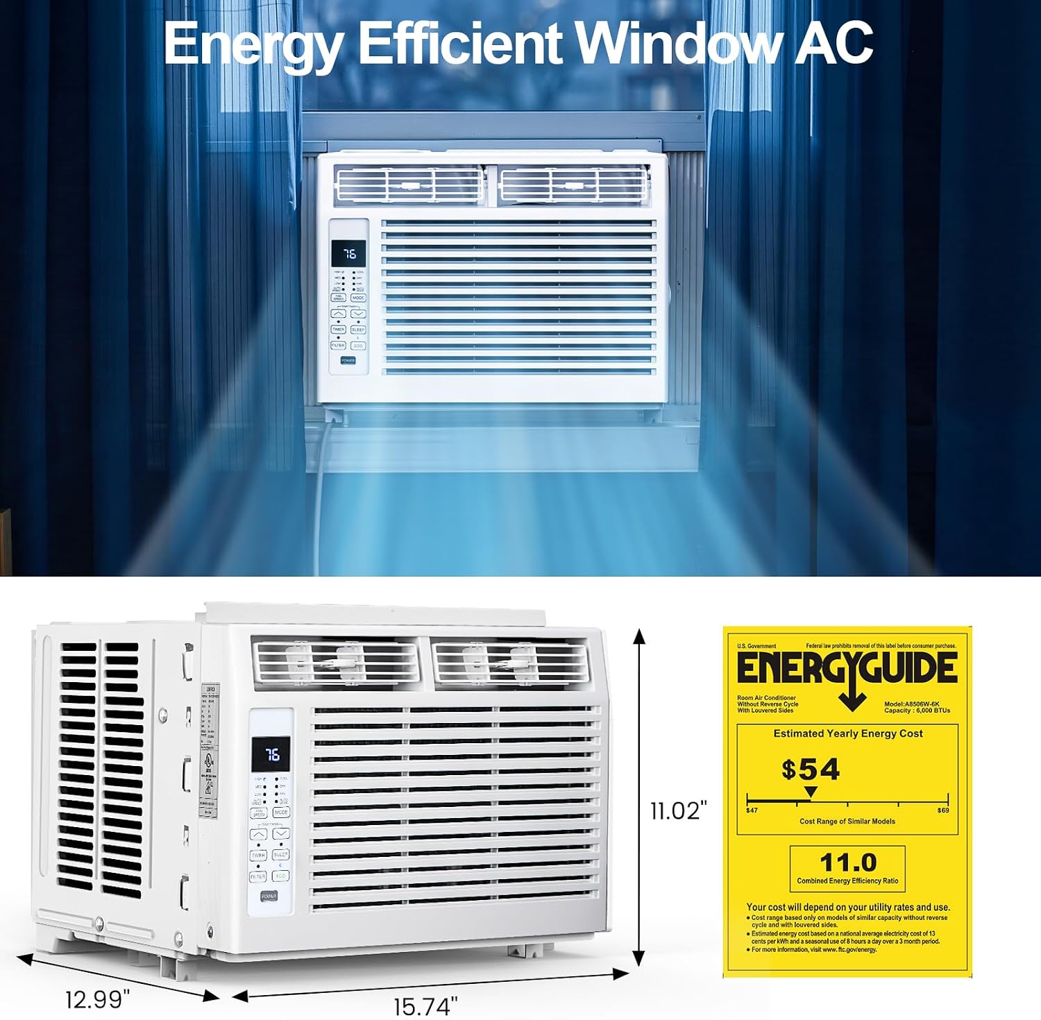 Electactic 6,000 BTU Window Air Conditioner, Window AC Unit with Cooling, Dry Function, 4 Fan Speeds, 24H Timer & Sleep Mode, Cools Up to 250 Sq.ft for Bedroom, Living Room, Office