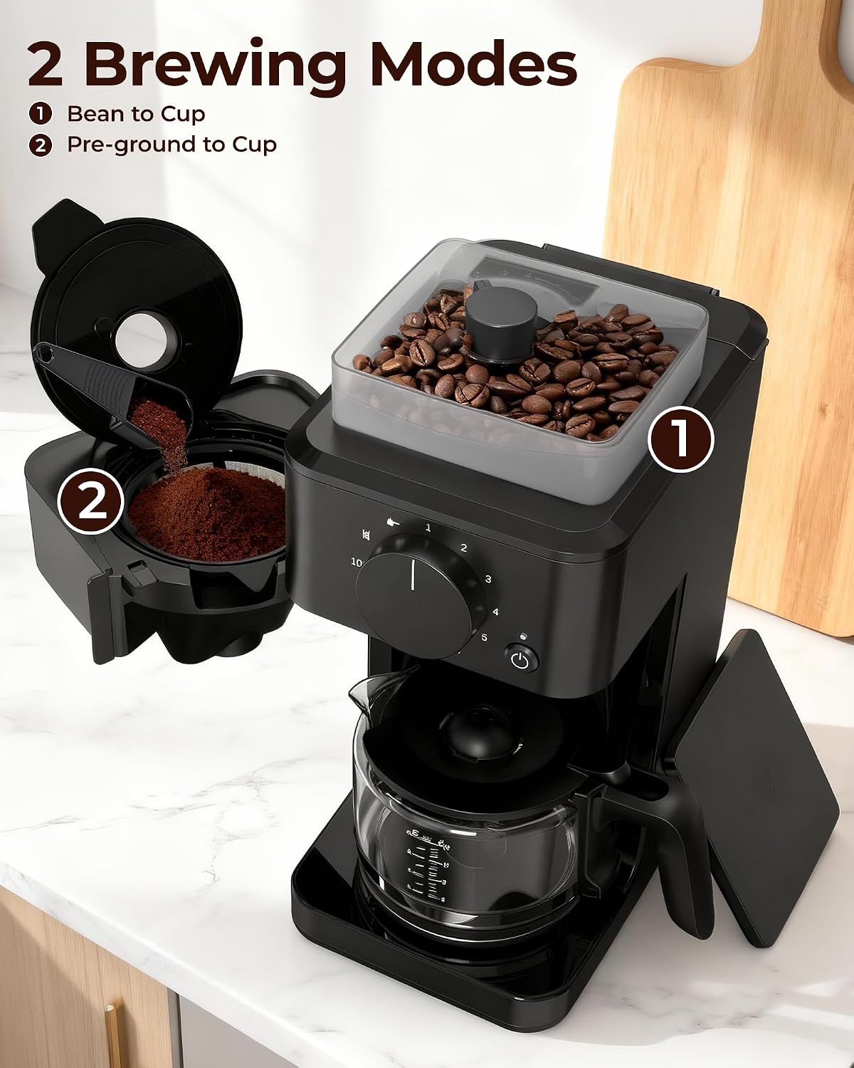 10 Cup Coffee Maker with Grinder Built in, Automatic Grind and Brew Coffee Machine with Glass carafe, Reusable Filter, Auto shut off, Warming plate, for Home Offices or Large Families, Black