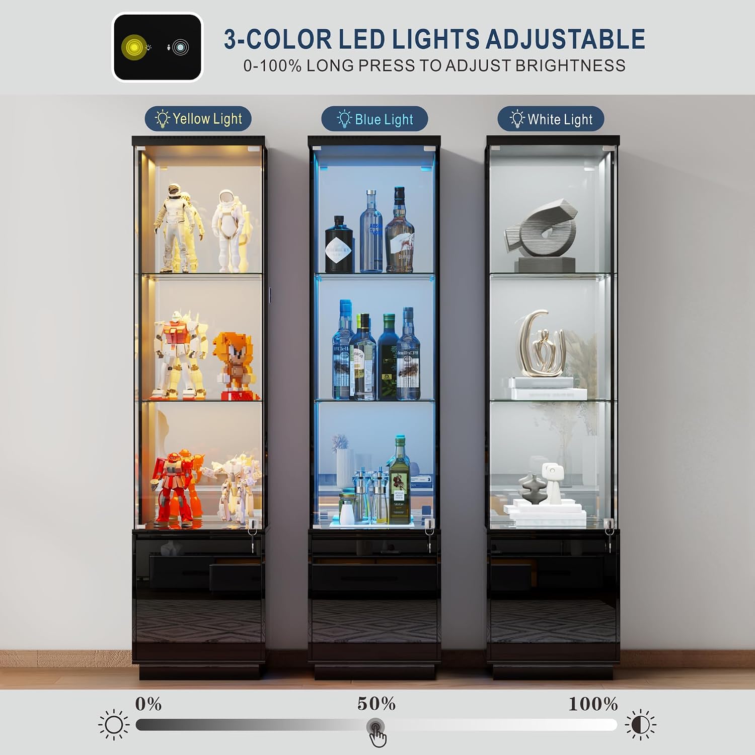 HNEBC Corner Glass Display Cabinet with Lockable&3 Color Lights for Living Room Black, Curio Cabinet with Adjustable Glass Shelf for Liquor Figurine Bookcase for Living Room
