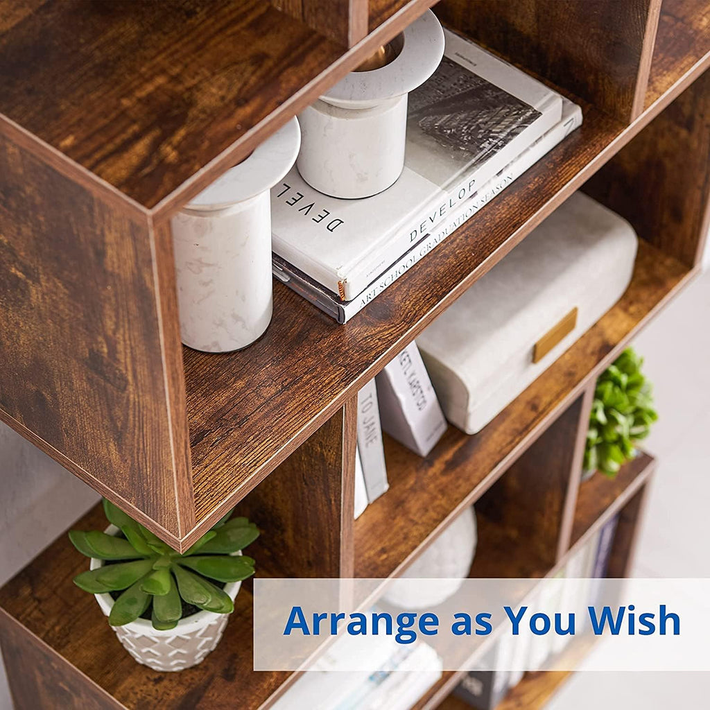 Cozy Castle Set of 2 Geometric Bookcase, S-Shaped Modern Bookshelf, Room Divider Bookshelf, 62' Tall Unique Abstract Bookcase with 5-Tier Display Shelf for Living Room Office, Rustic Brown