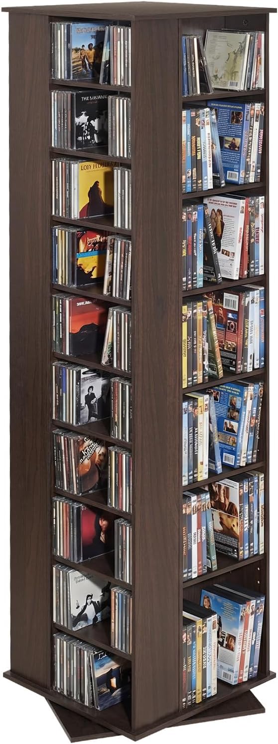 VEVOR Media Storage Cabinet, CD Rack Tower, 34 Compartments Rotating Media Tower Rack for CDs, DVDs, Books and Game Discs, DVD Stand for Living Room, Home Office and Recording Room, Brown