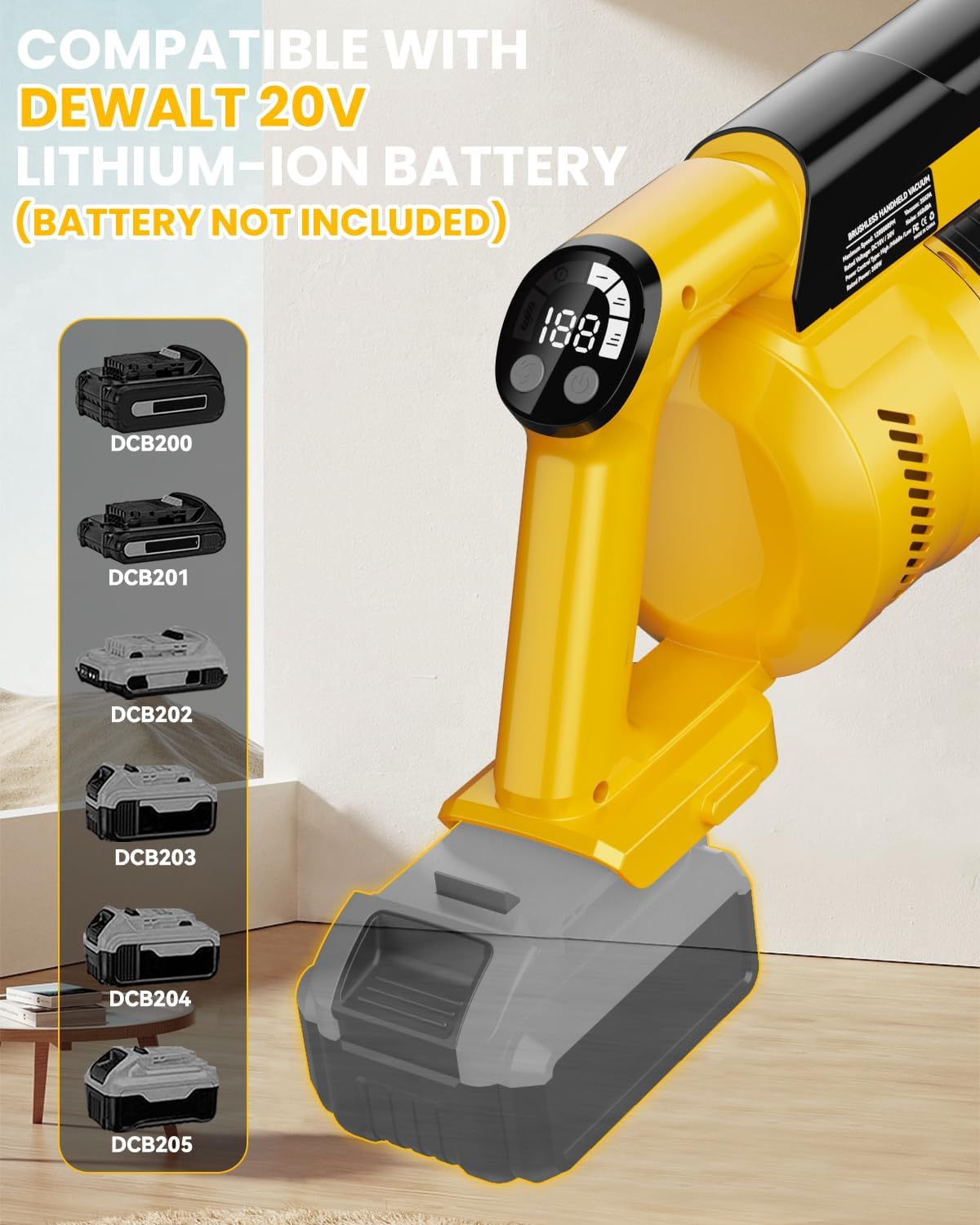 Cordless Vacuum Cleaner for DeWalt Battery, 7-in-1 Lightweight Stick Vacuum with HEPA Filter, 35KPA Suction, 350W Brushless Motor, 3 Modes for Carpet, Floor, Car (Battery Not Included)
