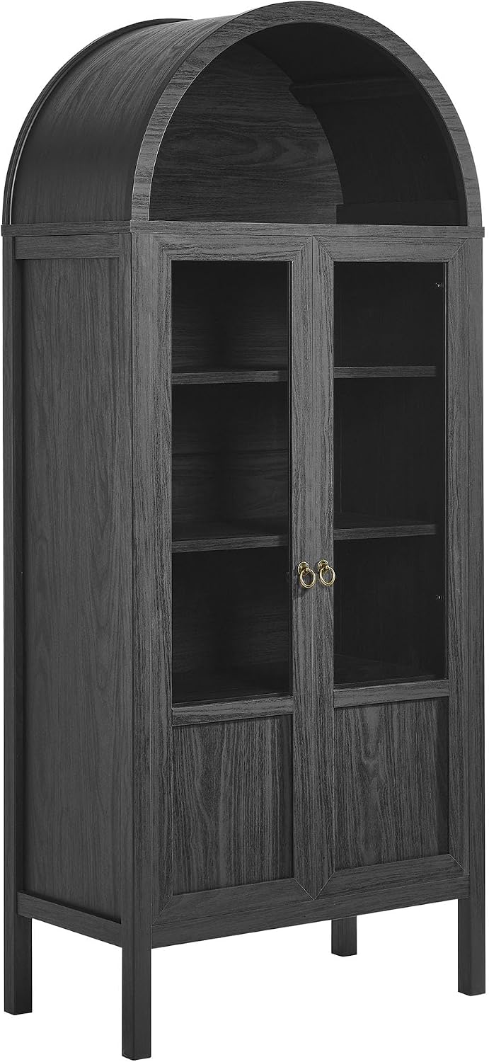 Modway Tessa Arched 71 Inch Tall Arched Storage Display Cabinet in Black Wood Grain - 4-Tier Bookcase with Glass Doors and Shelves - Arch Accent Cabinet for Living Room, Dining Room