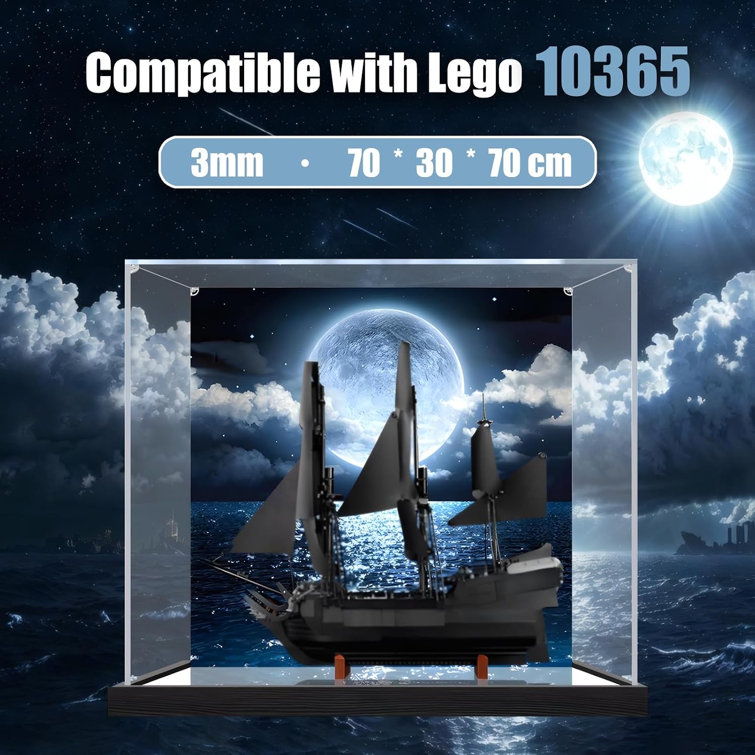 Captain Jack Sparrow's Pirate Ship Acrylic Display Case for Lego 10365 Transparent Dustproof Storage Box (Model Not Included) (Background Build + Mirror)