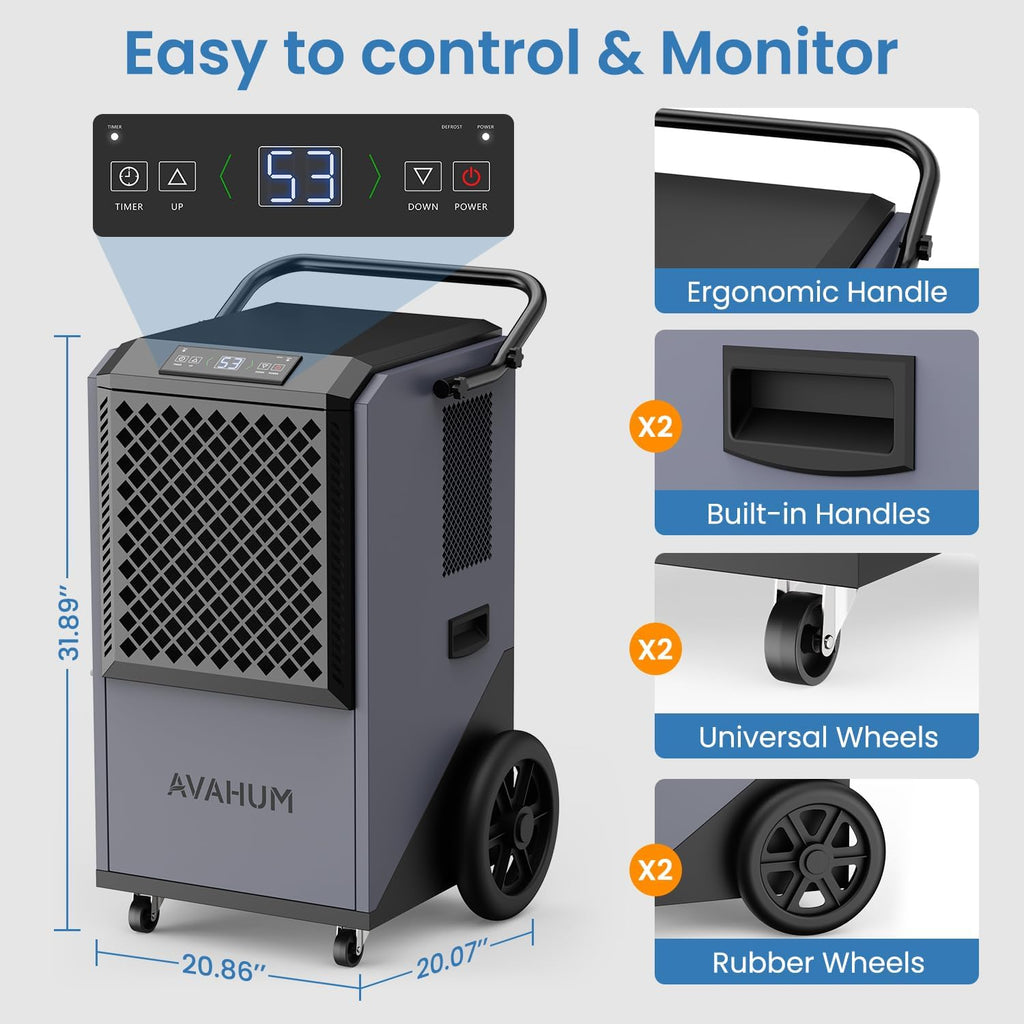Commercial Dehumidifier,Grey Industrial Dehumidifier 320 Pint for 8,000 Sq.Ft Basement Warehouse Construction, Large Heavy Duty Commercial Grade Dehumidifiers with Drain Hose, Auto Defrost,Restart