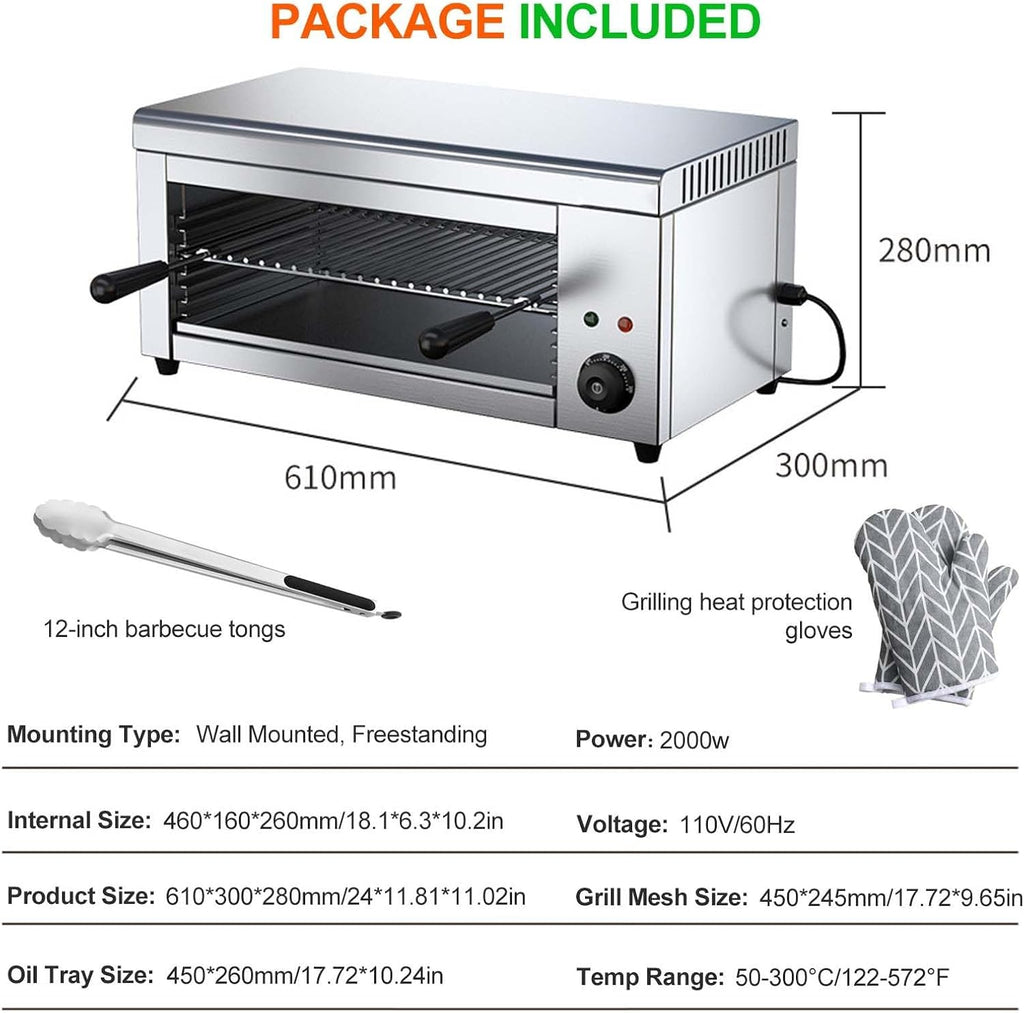 2000W Stainless Steel Electric Grill & Salamander Broiler, Wall Mount/Tabletop, 24'x11.8'x11', Removable Oil Tray, Adjustable Temp 50-300°C for Perfect Steaks & Sandwiches