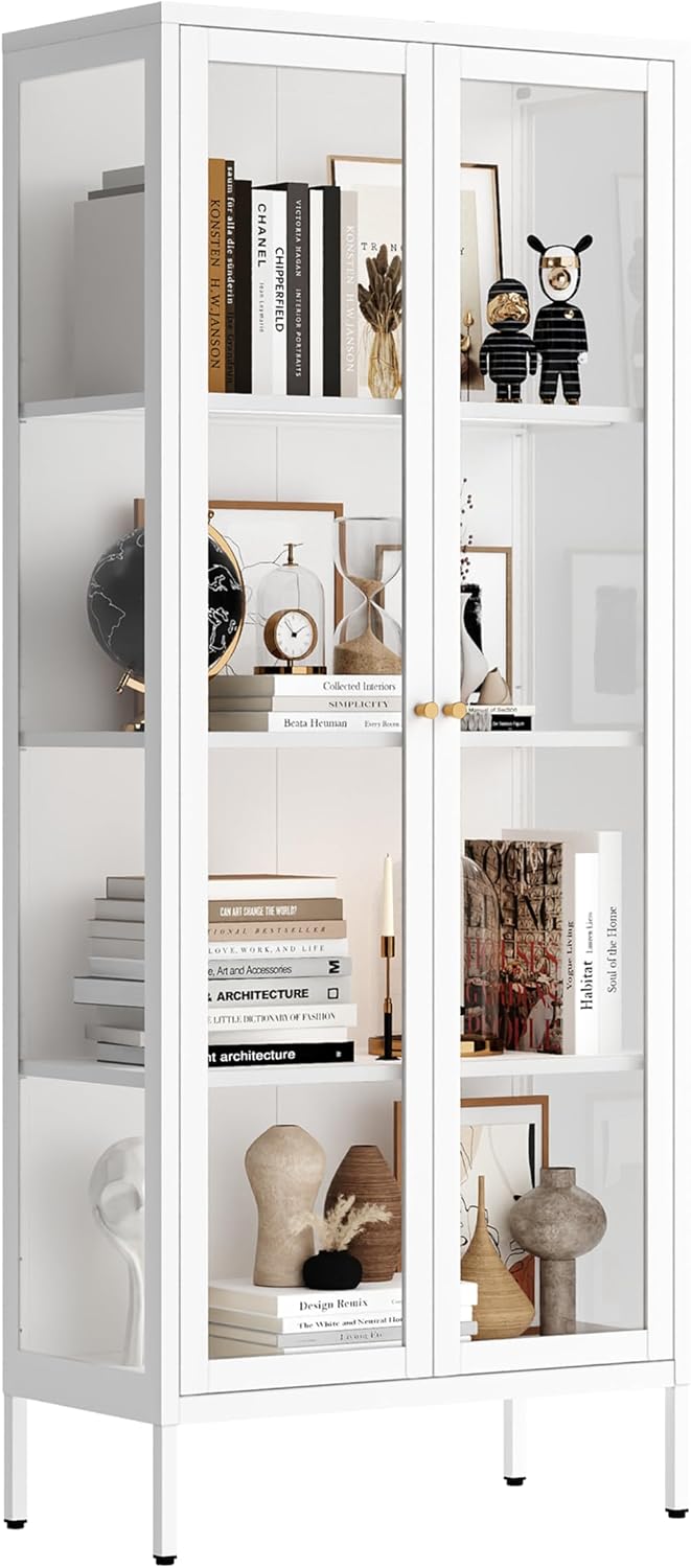 UNICOLY Display Cabinet with Glass Doors, Glass Display Cabinet 4-Tier, Metal Curio Display Cabinet with Tempered Glass Doors for Living Room, Plant, Display Shelf, Assembly Required, White