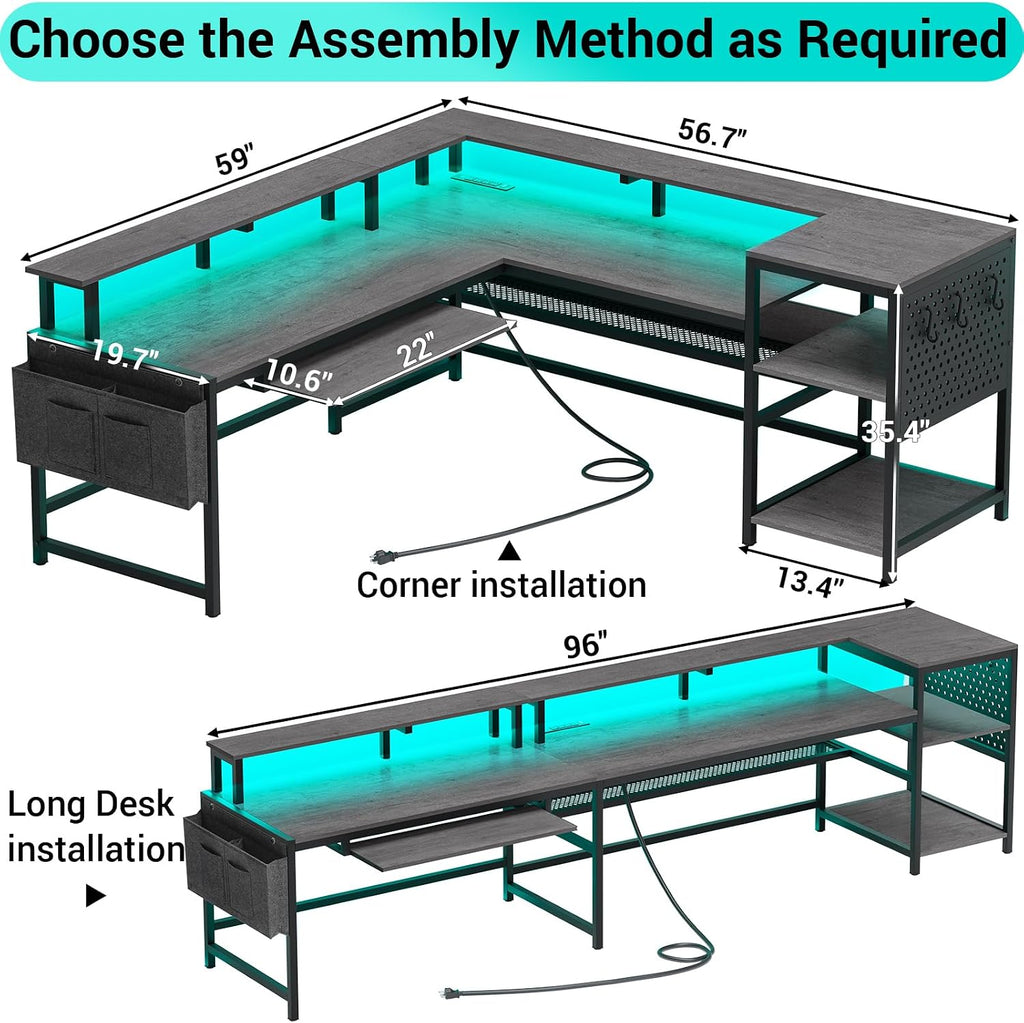 SEDETA L Shaped Gaming Desk, Convertible 96' Home Office Desk or Corner Desk, L Shaped Table with Power Outlets & LED Strip, Monitor Stand, Keyboard Tray, Pegboard and Storage Shelves, Grey
