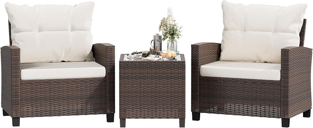 Shintenchi 3 Pieces Patio Furniture Set, PE Rattan Wicker 3 Pcs Patio Set, Outdoor Furniture Set with Two Outdoor Chairs and Table, Conversation Set for Garden, Poolside, Balcony, and Porch(Beige)