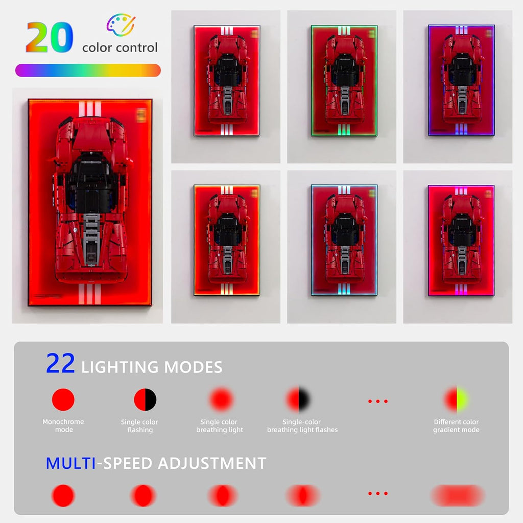 Display Wallboard with RGB LED Lights Compatible with Lego Technic Ferrari Daytona SP3 42143 Race Car Model Building Kit - Adult Collectibles Wall Mount for Home or Office Décor (No Car)
